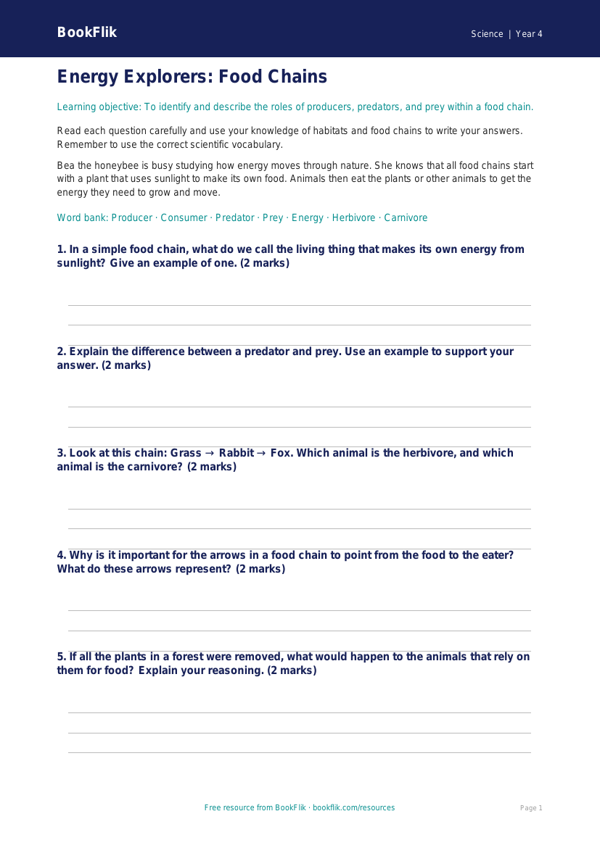 Free Food Chains Worksheet | Year 4 | Science | BookFlik worksheet preview — Science Food Chains