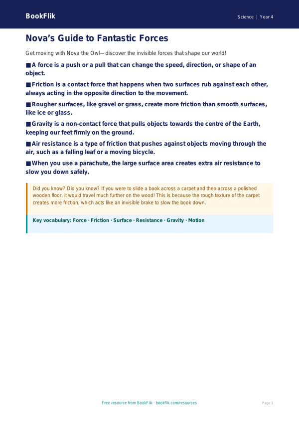 Free Forces Poster | Year 4 | Science | BookFlik worksheet preview — Science Forces