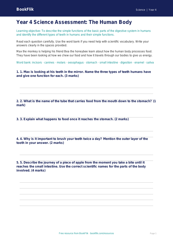 Science human body assessment year 4 core worksheet preview — Science Human Body