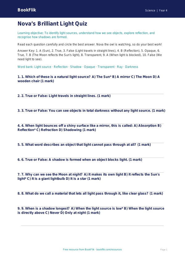 Free Light Quiz | Year 4 | Science | BookFlik worksheet preview — Science Light