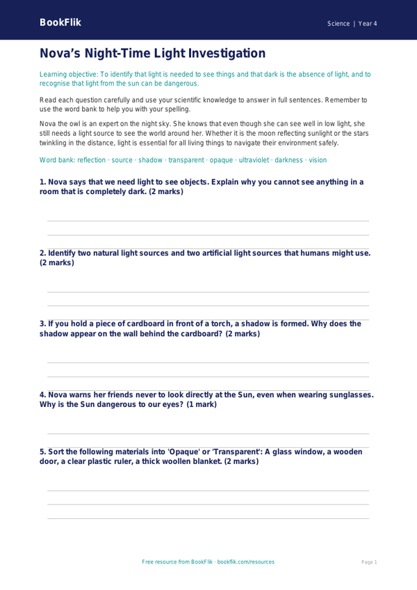 Free Light Worksheet | Year 4 | Science | BookFlik worksheet preview — Science Light