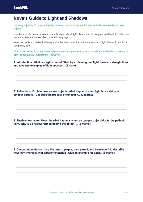 Free Light Writing Frame | Year 4 | Science | BookFlik worksheet preview — Science Light