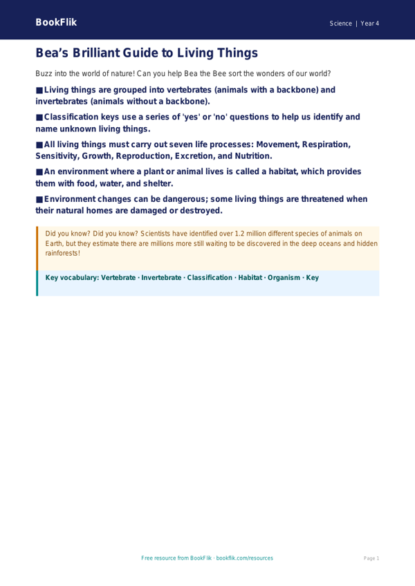 Free Living Things Poster | Year 4 | Science | BookFlik worksheet preview — Science Living Things