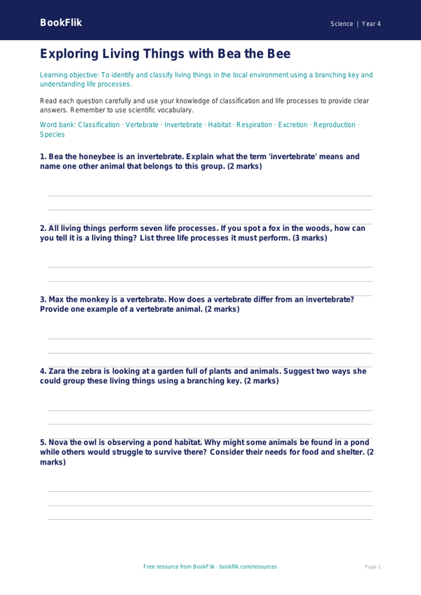 Free Living Things Worksheet | Year 4 | Science | BookFlik worksheet preview — Science Living Things