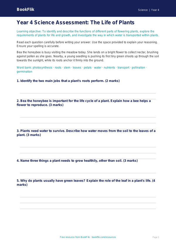Free Plants Assessment | Year 4 | Science | BookFlik worksheet preview — Science Plants