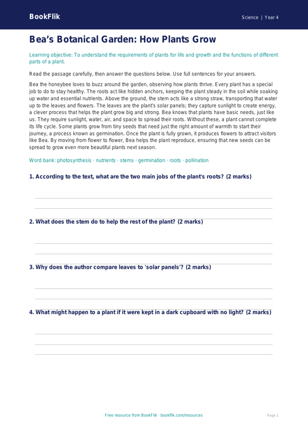 Free Plants Comprehension | Year 4 | Science | BookFlik worksheet preview — Science Plants