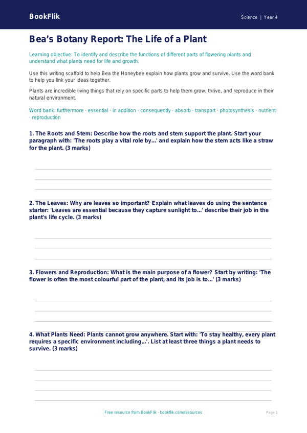 Free Plants Writing Frame | Year 4 | Science | Australian Curriculum worksheet preview — Science Plants