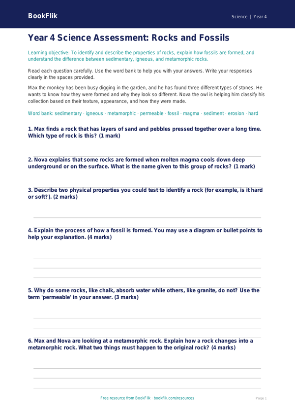 Free Rocks Assessment | Year 4 | Science | BookFlik worksheet preview — Science Rocks