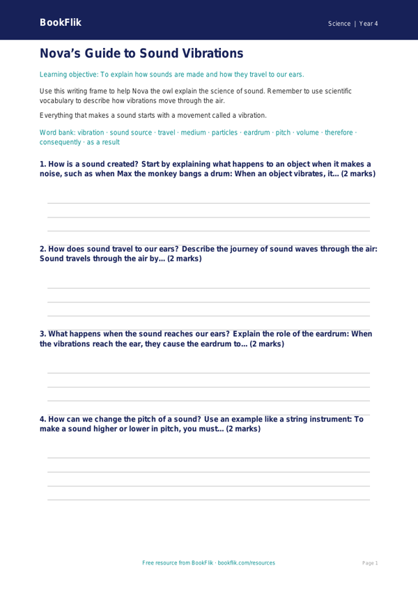 Free Sound Writing Frame | Year 4 | Science | BookFlik worksheet preview — Science Sound