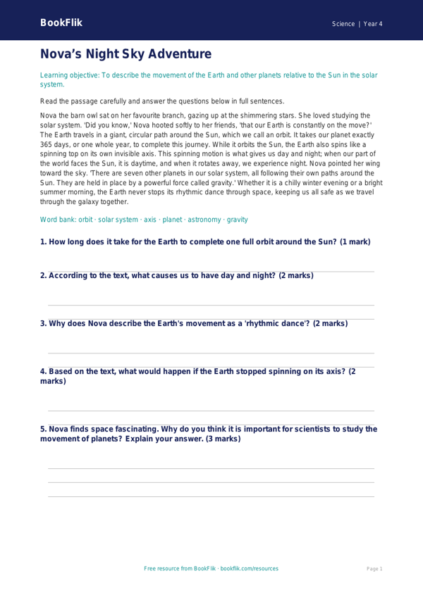 Free Space Comprehension | Year 4 | Science | BookFlik worksheet preview — Science Space