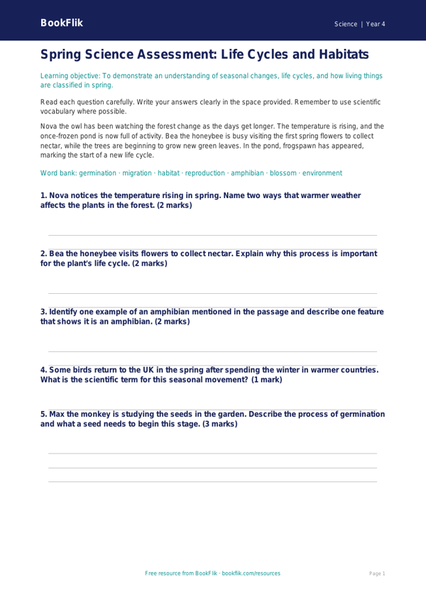 Free Spring Science Assessment | Year 4 | Science | BookFlik worksheet preview — Science Spring Science