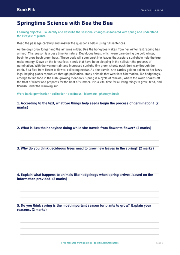 Science spring science comprehension year 4 core worksheet preview — Science Spring Science