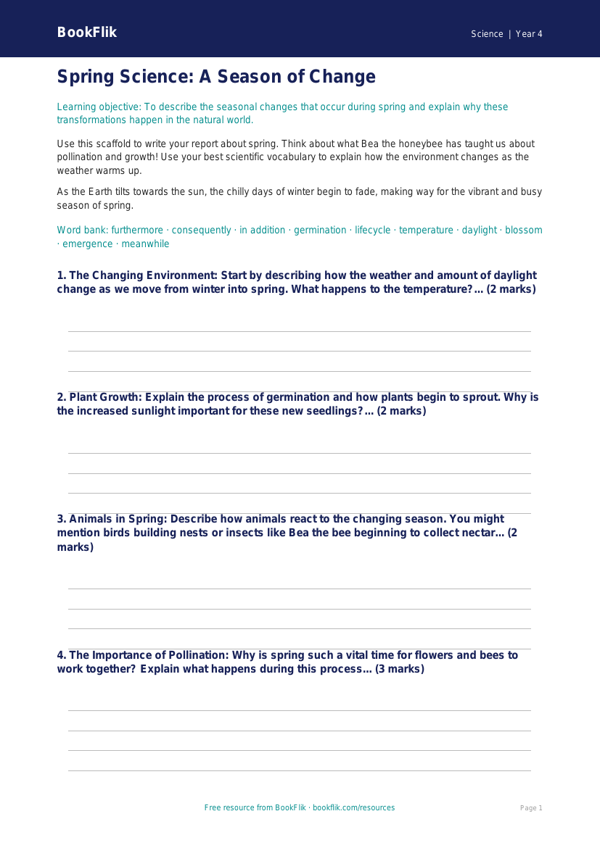 Free Spring Science Writing Frame | Year 4 | Science | BookFlik worksheet preview — Science Spring Science
