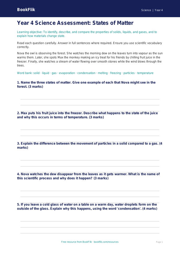 Science states of matter assessment year 4 core worksheet preview — Science States Of Matter