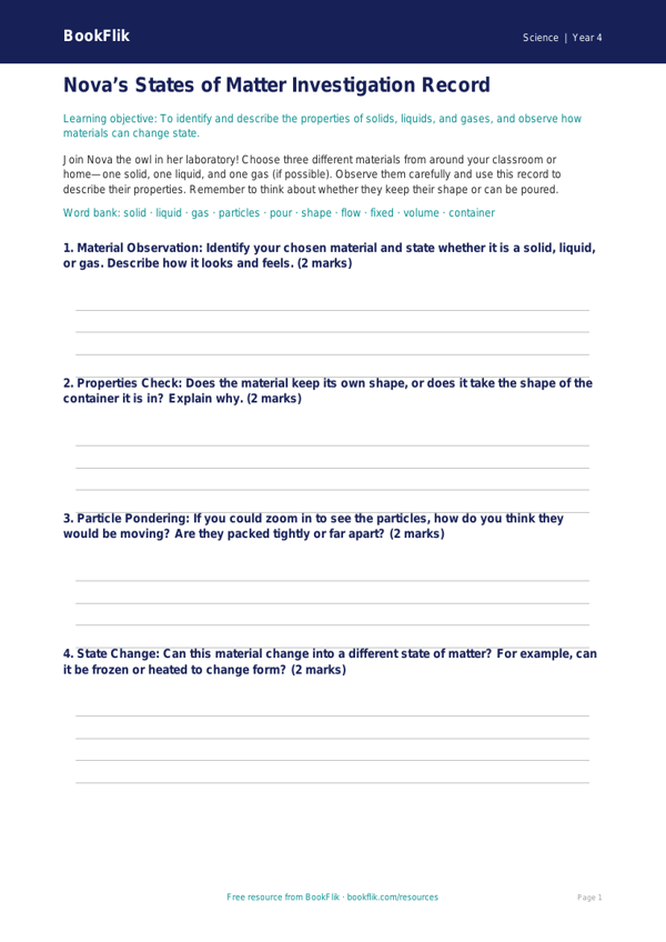 Free States Of Matter Template | Year 4 | Science | BookFlik worksheet preview — Science States Of Matter