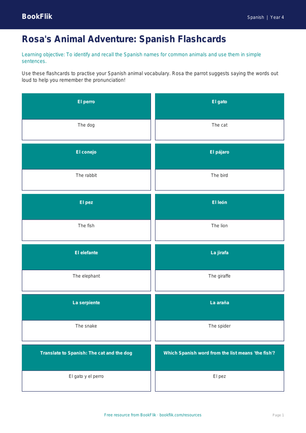Spanish animals flashcards year 4 core worksheet preview — Spanish Animals