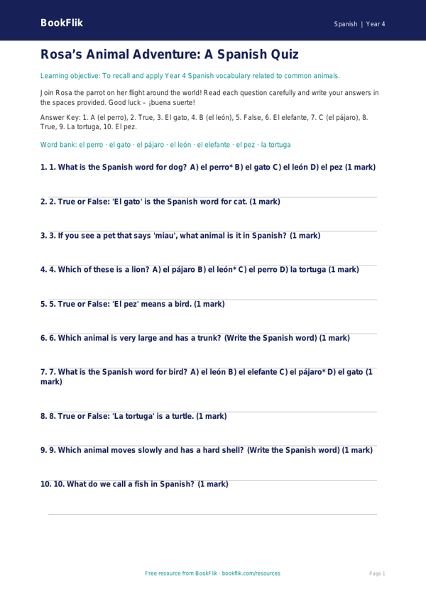 Spanish animals quiz year 4 core worksheet preview — Spanish Animals