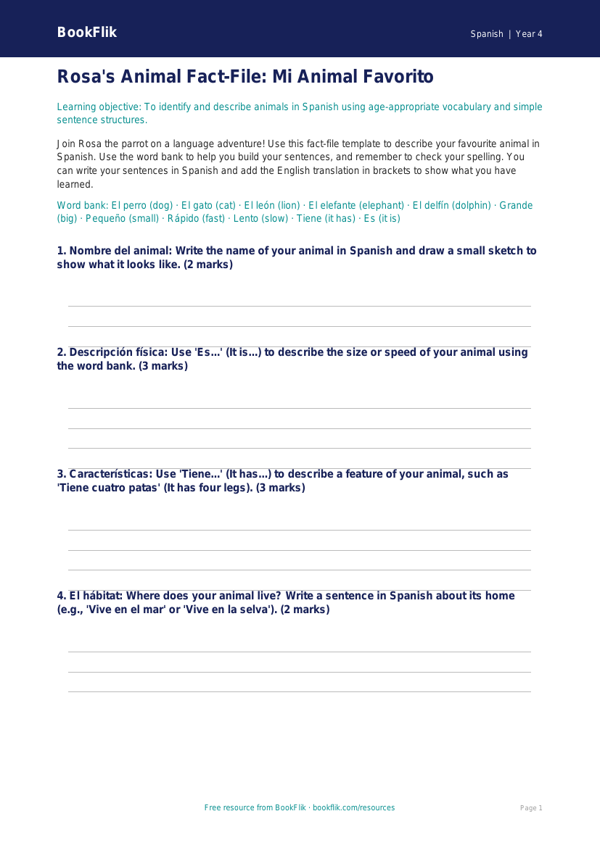 Free Spanish Animals Worksheet | Year 4 | BookFlik worksheet preview — Spanish Animals