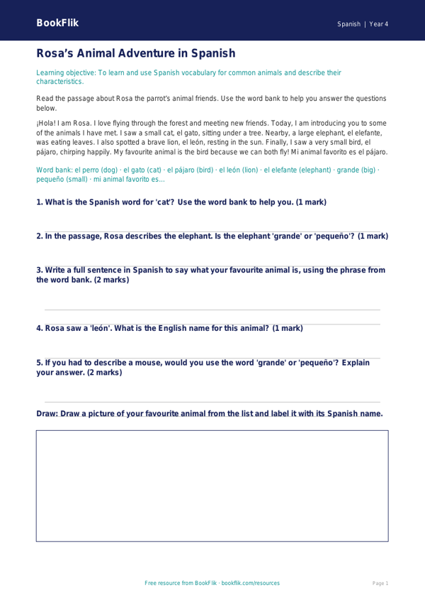 Free Animals Track Sheet | Year 4 | Spanish | BookFlik worksheet preview — Spanish Animals