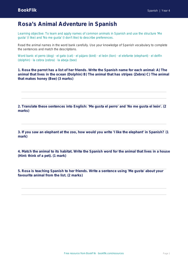 Free Spanish Animals Worksheet | Year 4 | BookFlik worksheet preview — Spanish Animals
