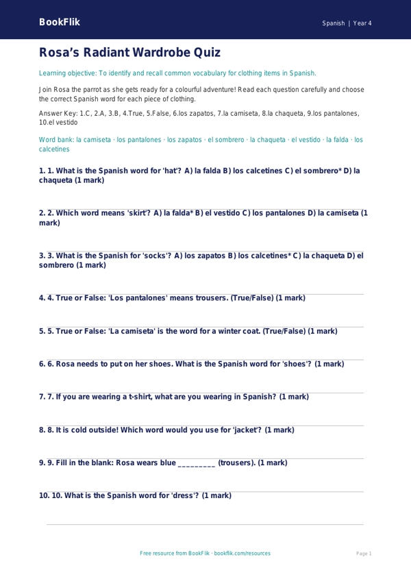 Spanish clothes quiz year 4 core worksheet preview — Spanish Clothes