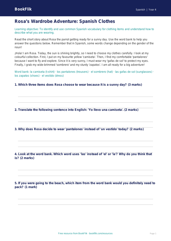 Free Clothes Track Sheet | Year 4 | Spanish | BookFlik worksheet preview — Spanish Clothes