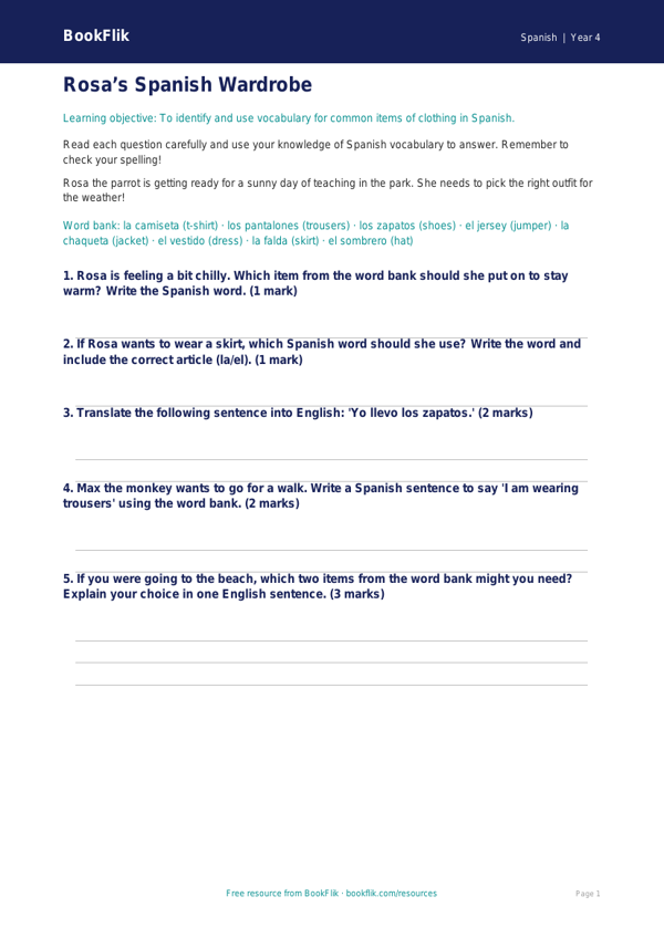 Free Clothes Worksheet | Year 4 | Spanish | BookFlik worksheet preview — Spanish Clothes