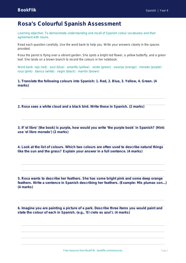 Spanish colours assessment year 4 core worksheet preview — Spanish Colours