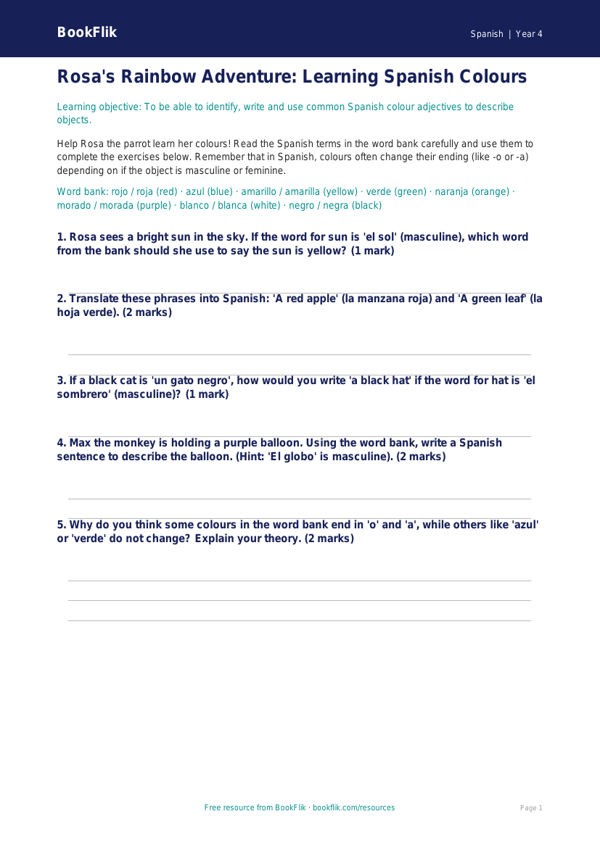 Free Colours Worksheet | Year 4 | Spanish | BookFlik worksheet preview — Spanish Colours