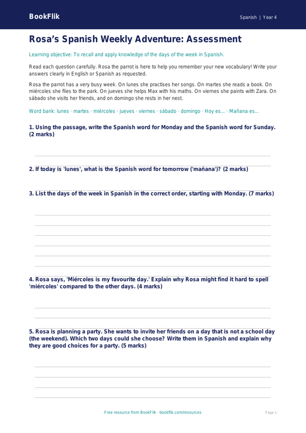 Free Days Of The Week Assessment | Year 4 | Spanish | BookFlik worksheet preview — Spanish Days Of The Week
