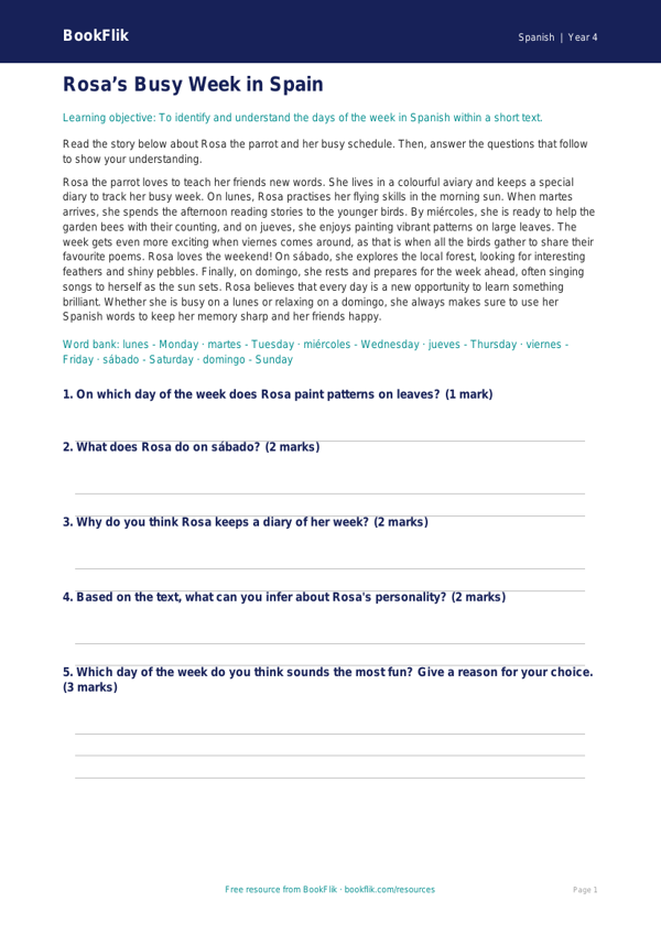 Free Days Of The Week Comprehension | Year 4 | Spanish | BookFlik worksheet preview — Spanish Days Of The Week