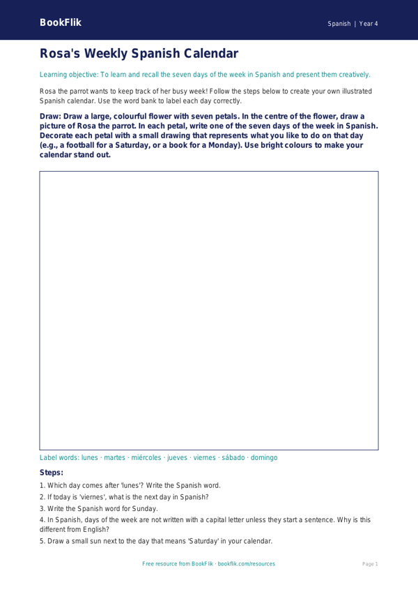 Free Days Of The Week Drawing Sheet | Year 4 | Spanish | BookFlik worksheet preview — Spanish Days Of The Week
