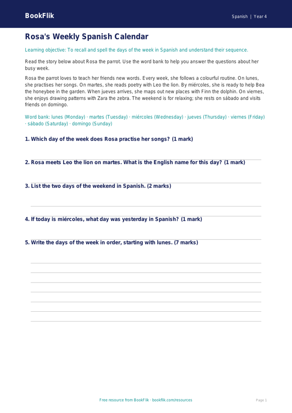 Spanish days of the week track sheet year 4 core worksheet preview — Spanish Days Of The Week