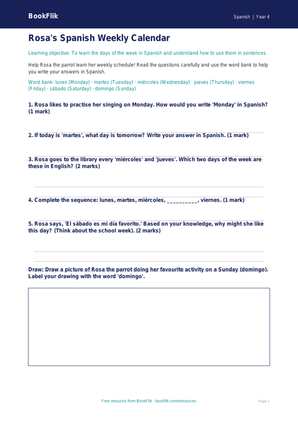 Free Days Of The Week Worksheet | Year 4 | Spanish | BookFlik worksheet preview — Spanish Days Of The Week