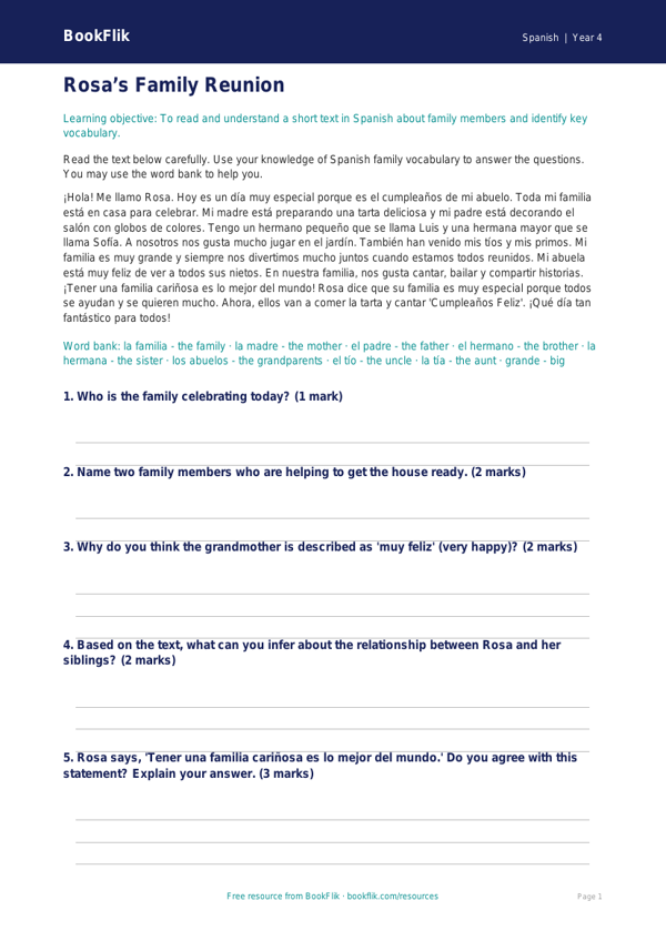 Free Family Comprehension | Year 4 | Spanish | BookFlik worksheet preview — Spanish Family