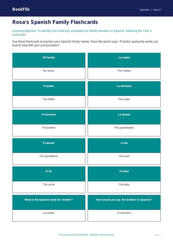 Spanish family flashcards year 4 core worksheet preview — Spanish Family