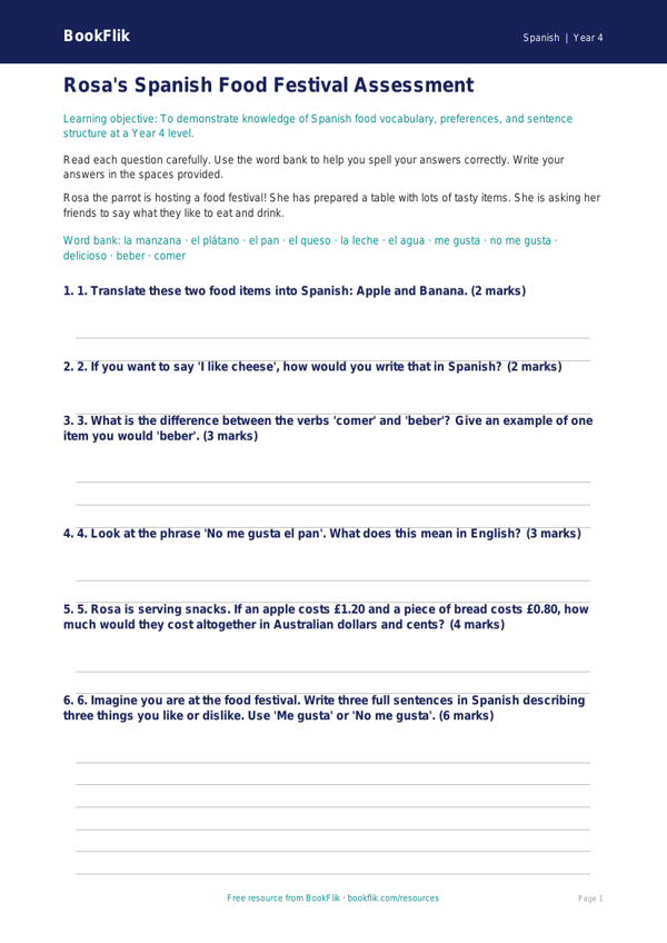 Spanish food assessment year 4 core worksheet preview — Spanish Food