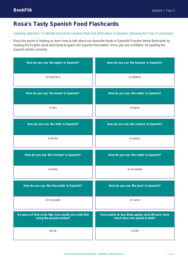 Free Spanish Food Flashcards | Year 4 | BookFlik worksheet preview — Spanish Food