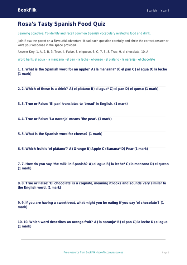 Free Spanish Food Quiz | Year 4 | BookFlik worksheet preview — Spanish Food