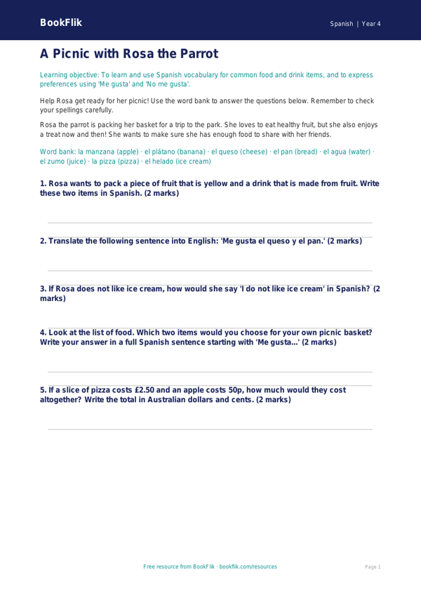 Spanish food worksheet year 4 core worksheet preview — Spanish Food