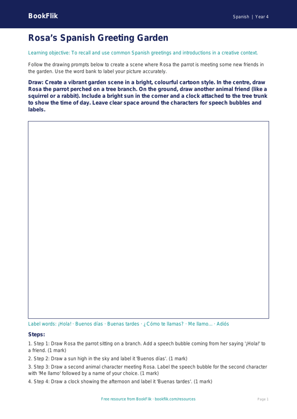 Free Greetings Drawing Sheet | Year 4 | Spanish | BookFlik worksheet preview — Spanish Greetings
