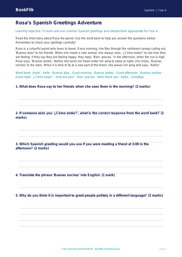 Spanish greetings track sheet year 4 core worksheet preview — Spanish Greetings