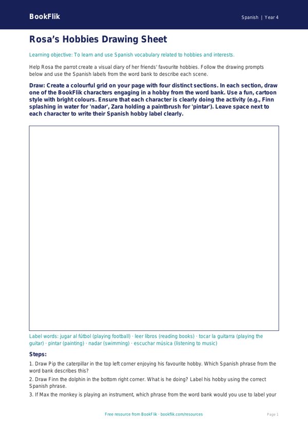 Free Hobbies Drawing Sheet | Year 4 | Spanish | BookFlik worksheet preview — Spanish Hobbies