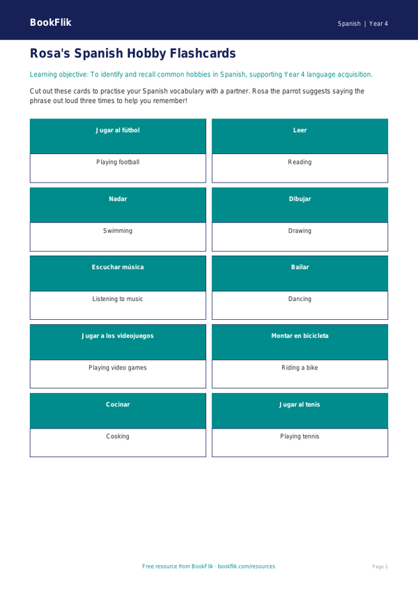 Free Hobbies Flashcards | Year 4 | Spanish | BookFlik worksheet preview — Spanish Hobbies
