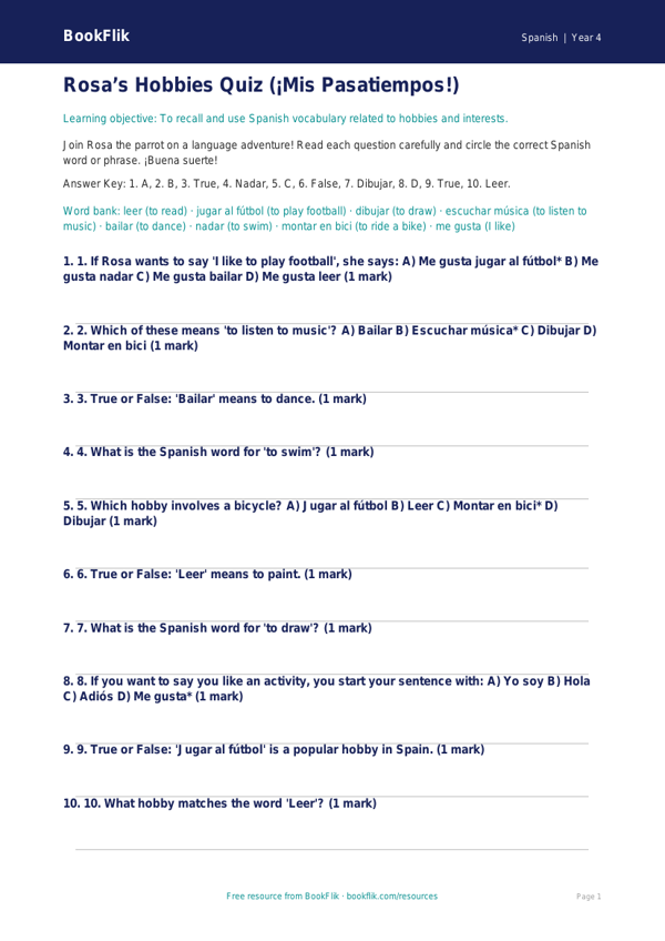 Spanish hobbies quiz year 4 core worksheet preview — Spanish Hobbies
