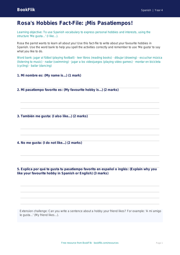 Free Hobbies Template | Year 4 | Spanish | BookFlik worksheet preview — Spanish Hobbies