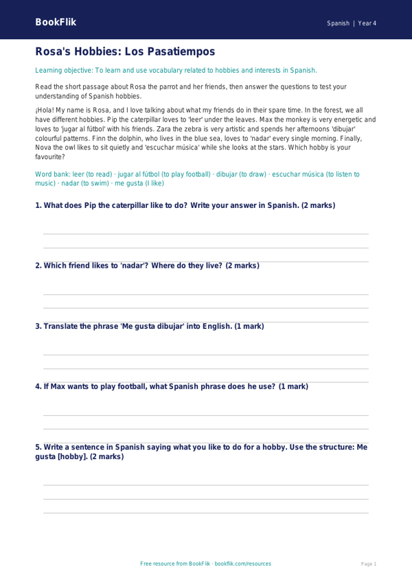 Spanish hobbies track sheet year 4 core worksheet preview — Spanish Hobbies