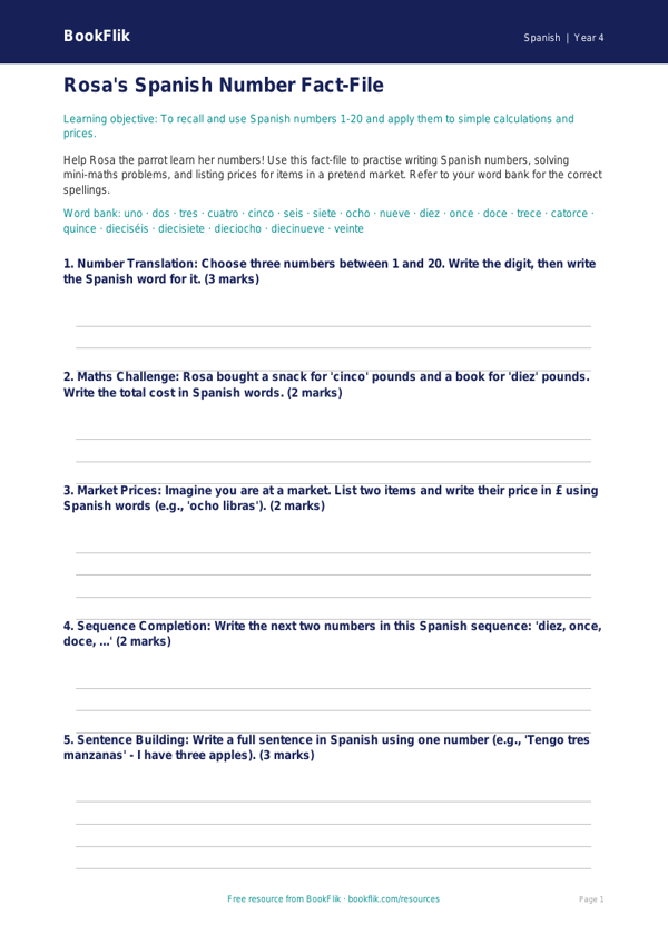 Free Spanish Numbers Worksheet | Year 4 | BookFlik worksheet preview — Spanish Numbers