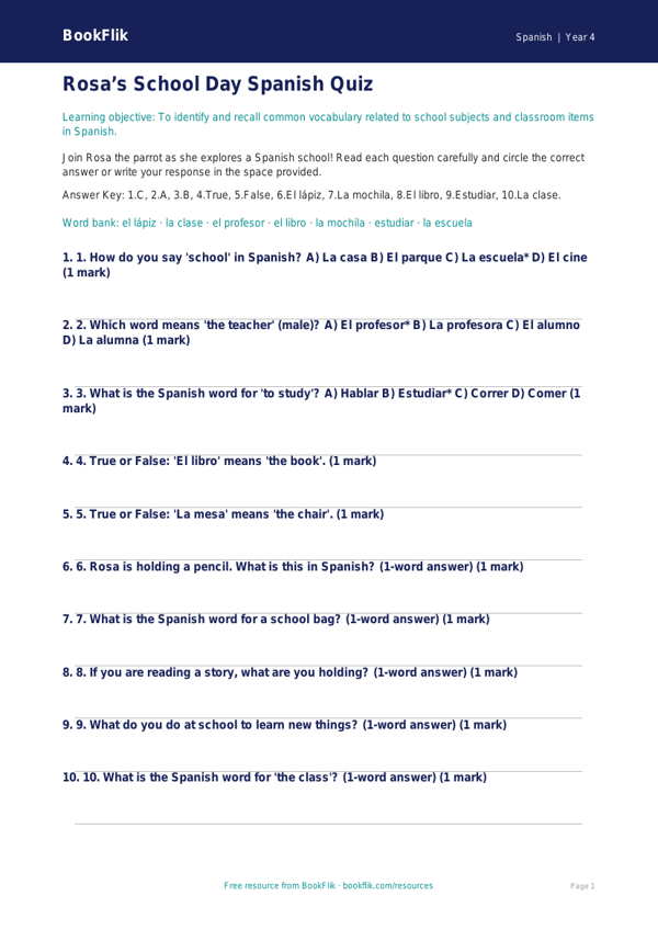 Free Spanish School Vocabulary Quiz | Year 4 | BookFlik worksheet preview — Spanish School