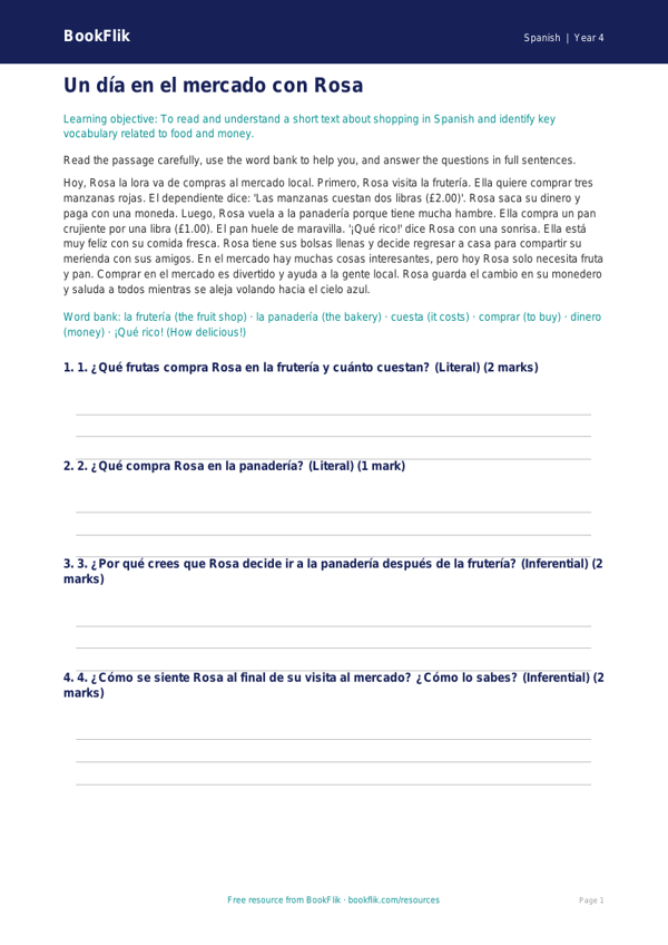 Free Spanish Shopping Comprehension | Year 4 | BookFlik worksheet preview — Spanish Shopping